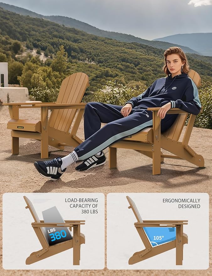 Plastic HDPE Adirondack Chair,Set of 4,Folding Adirondack Chair Weather Resistant with Cup Holder, Wooden Textured Fire Pit Outdoor Chair for Garden, Porch, Lawn, Backyard, Supports 380LBS, Teak