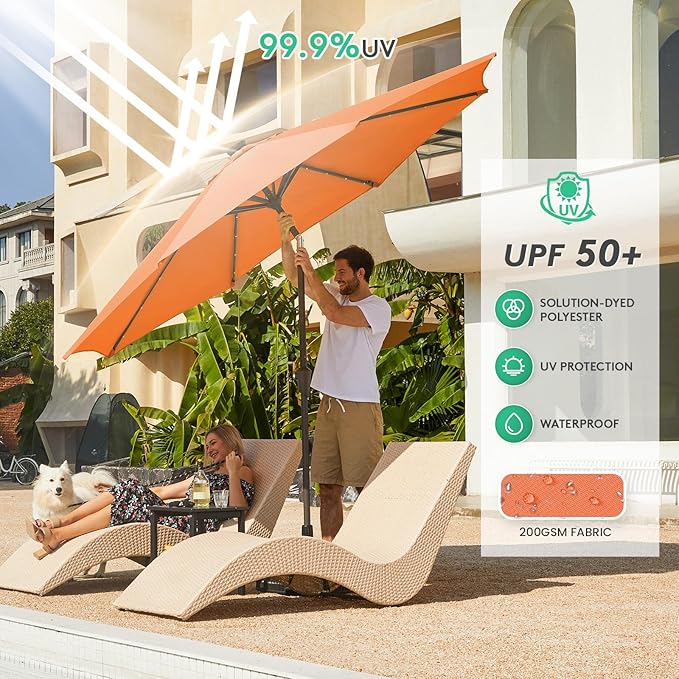JEAREY 9FT Outdoor Patio Umbrella with Solar Lights, LED Lighted Pool Umbrella with Tilt and Crank, Outdoor Table Umbrellas for Deck, Yard & Market (Orange)