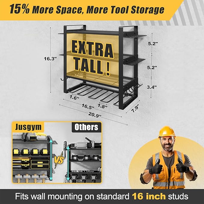 Jusgym Power Tool Organizer Wall Mount |200lbs Garage Tool Storage Rack with 4 Cordless Drill Holder |4-Tier Heavy Duty Garage Organization |Gifts for Men