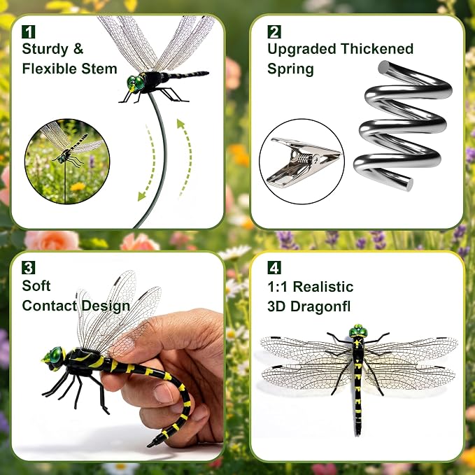24 Pack 3D Dragonfly Clips, Fake Dragonflies with Stakes, Realistic Plastic Dragonfly Garden Decorations, Fly Deterrent Clips for Hats, Pets, Horses, Deer, Yard, Patio, Indoor & Outdoor Decor
