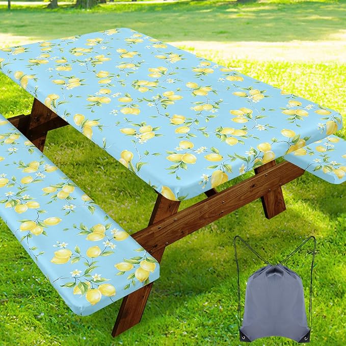 Smiry Picnic Table Cover with Bench Covers, Waterproof Elastic Fitted Tablecloth for 6 Foot Tables, Washable Polyester Tablecloths for Camping, Indoor & Outdoor (Lemon, 30x72 Inch 3-pc Set)