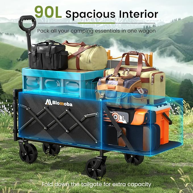 Blomoba 220LBS Foldable Wagon with All-Terrain Wheels, Portable Wagon Cart with Extended Tailgate, Adjustable Handle, Utility Cart for Camping, Shopping, Garden, Sports, Grocery, Black