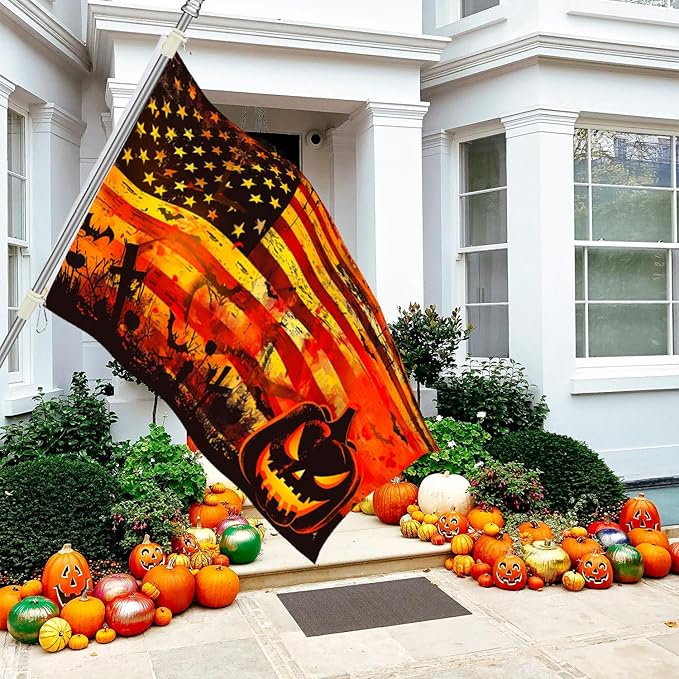 Double Sided Halloween Flag 5x3 FT with 2 Brass Grommets and 19.69ft Ribbon, Orange & Black Stripes Tapestry, Durable Outdoor Halloween Flags for Yard, Porch, or House Decorations