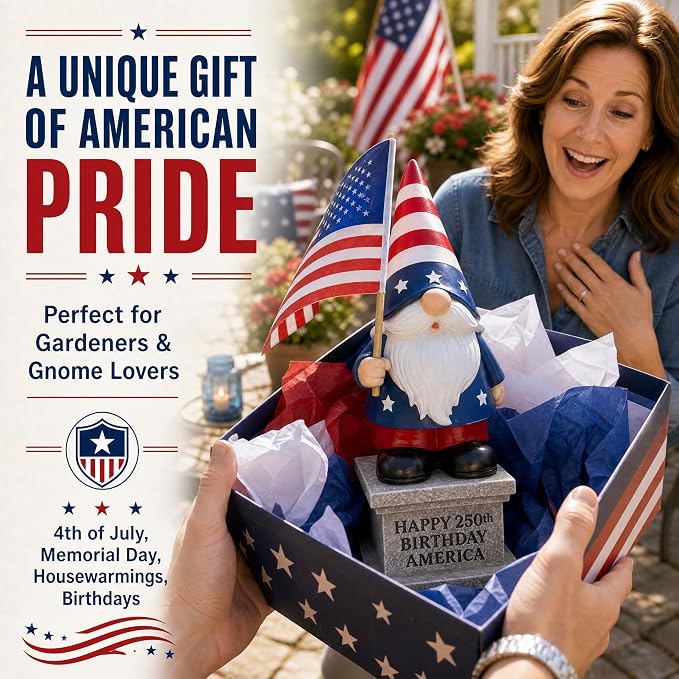 4th of July Garden Gnome with Solar Lantern 12'' Patriotic Resin Statue for Yard, Lawn, Patio - American Flag Outdoor Decoration for Memorial Day & USA 250th Anniversary Independence Day CLEARANCE