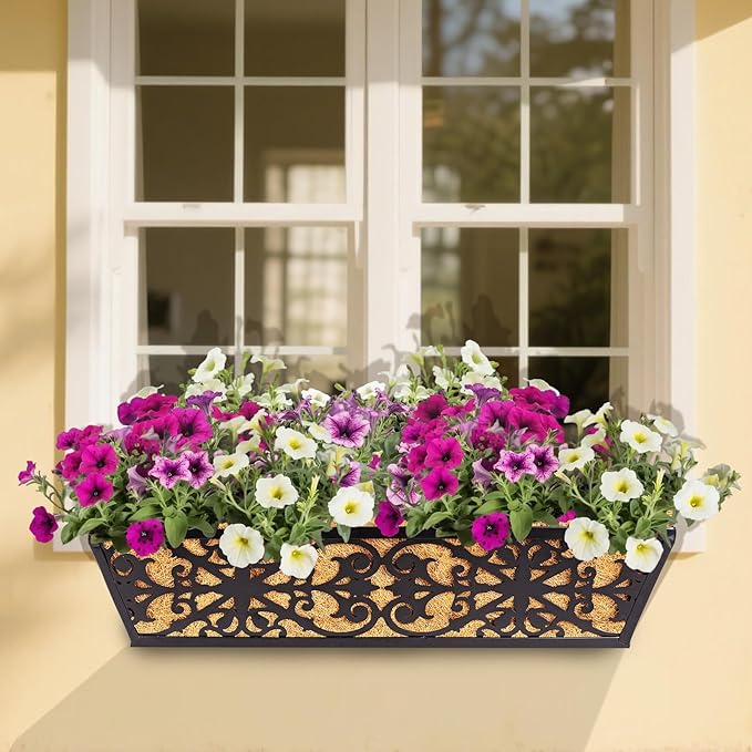 6 Pack 24 Inch Window Boxes Planters Railing Planter Box with Adjustable Brackets & Coco Liners Fabric Plant Grow Bags Deck Railing Planter Boxes Balcony Hanging Flower Box for Outdoor Plants