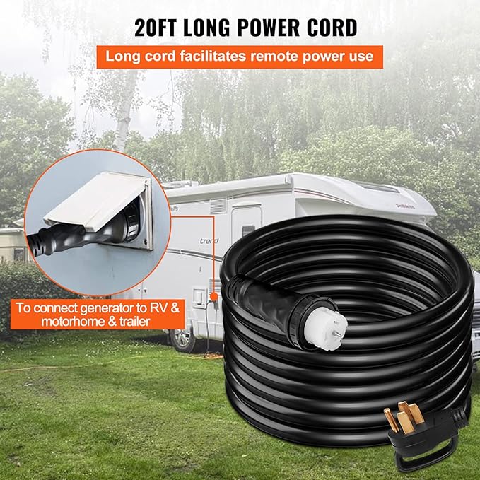 VEVOR 20 ft 50 Amp Generator Extension Cord 50amp, NEMA 14-50P to SS2-50R CS6364, STW 6/3+8/1 AWG 12500W UL Listed Twist Lock Heavy Duty Waterproof Outdoor for Home Backup RV