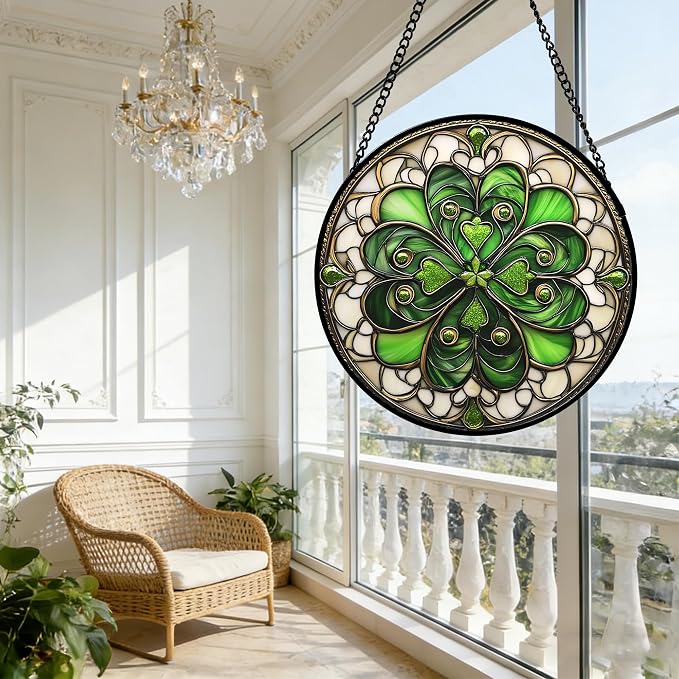 DASTOLL Stained Glass Window Hanging St. Ripak Festival Green Lucky Clover Large 11.8" - Suncatcher Door Garden Sun Catcher Ireland Decor Mother's Day for Mom Woman Her Men Sisters