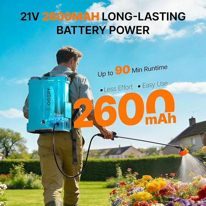 OGERY Battery Powered Backpack Sprayer 4 Gallon, 2.6Ah 21V Battery Electric Pump Sprayer with 6 Nozzles, Telescopic Stainless Steel + Plastic Wand for Lawn Garden Weed Yard Cleaning (Charger Included)