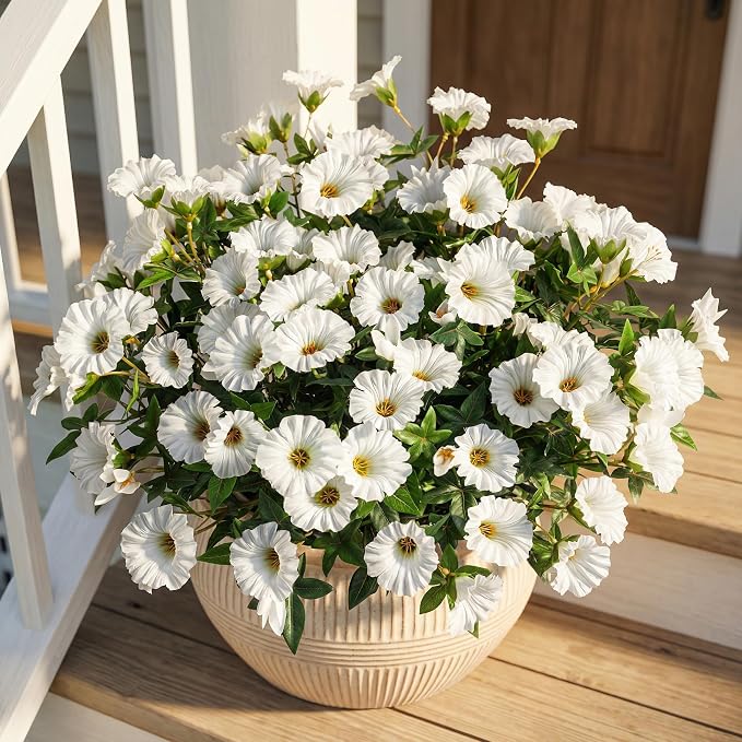 Artificial Flowers for Outdoor Window Box & Porch Decor, UV Resistant Faux Hanging Morning Glory Flowers for Patio, Balcony Cottage Garden Realistic Outdoor Floral 13.3" No Pot (White) 8PCS