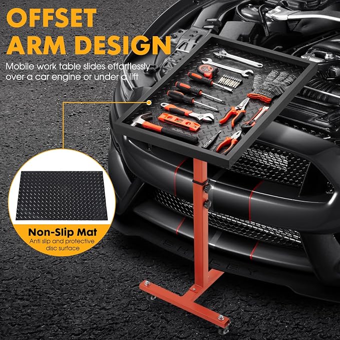 OLBRUS Adjustable Work Table with Wheels, Mechanic Rolling Tool Tray Table for Garage Repair Shops DIY, 220LBS Capacity Mobile Heavy Duty Steel Tool Cart (Orange)