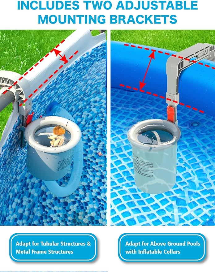 Above Ground Pool Skimmer with 5 Skimmer Socks, Wall Mount Surface Skimmer with Hose & Basket, Compatible with Intex Pools, Adjustable Floating Filter, Automatically Removes Leaves & Debris