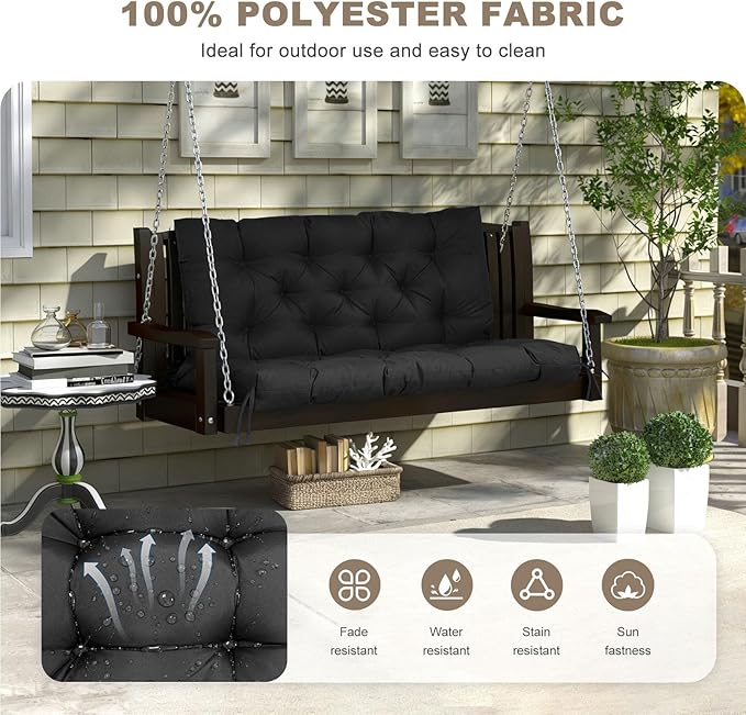 Porch Swing Cushion with Backrest,Waterproof Bench Cushion for Outdoor Furniture,2-3 Seater Replacement Thickened Swing Cushion with Ties,Patio,Outdoor,Backyard and Garden (Black,60x40)