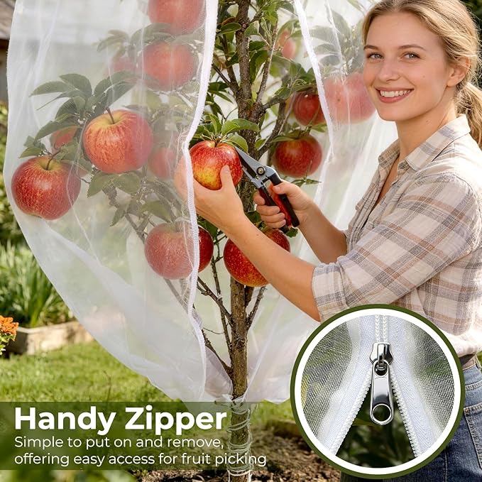 Fruit Tree Netting Cover with Zipper & Drawstring, 2 Packs 10ft x 10ft Insect Bird Barrier Netting for Garden Protection, Ultra Fine Mesh Garden Netting Pest Barrier, Extra Large