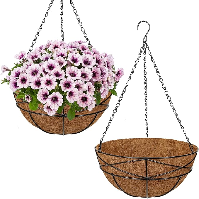 2 Pack 12 inch Metal Hanging Baskets for Plants Outdoor Metal Wire Hanging Basket Planter with Coco Fiber Liners Flower Pots for Home Porch Garden Patio, Diamond-Shaped