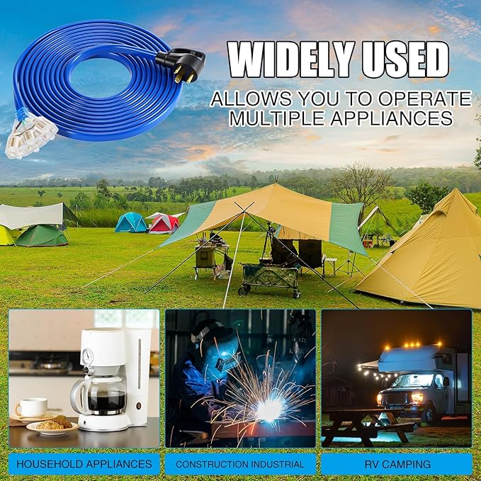 Tellegloww 10 FT Flat RV Generator Adapter Cord NEMA TT-30P to 3X 5-20R/5-15R, 30A to 110V 15/20 A Household Outlet Adapter, 10 Gauge Flat RV Generator Extension Cord, ETL Listed, Blue
