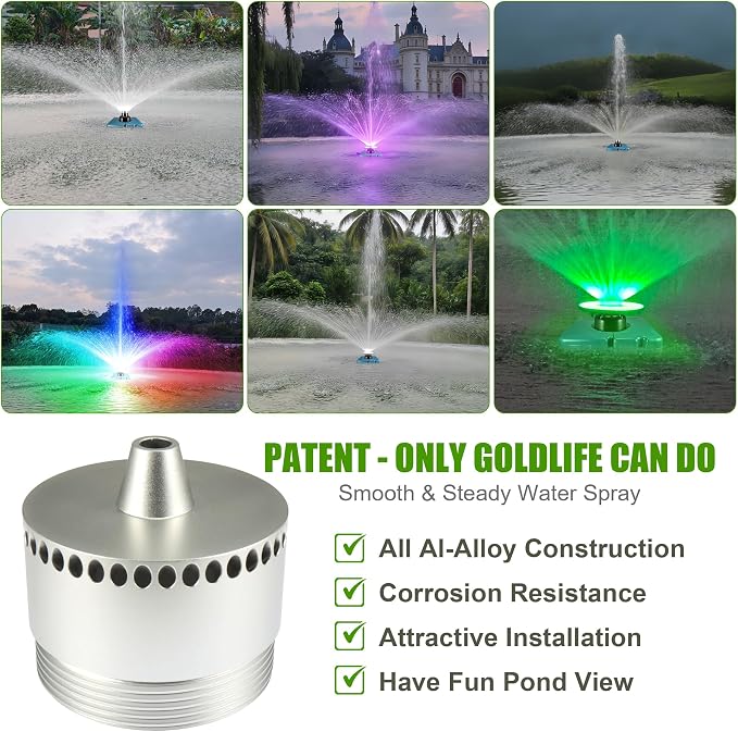 Goldlife Pond Fountain Aerator Nozzle - 1 x N1 Nozzle, Al-Alloy Silver, 36ft Wide 16ft High Double-Layer Water Spray Sprinkler Head, Replacement Fountain Aerator Pump Nozzle for Garden Pond Lake