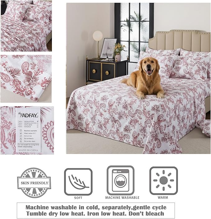 FADFAY Paisley Sheets Set King 100% Egyptian Cotton Exotic Tropical Floral Sheets Vintage Red & White French Country Bedding Shabby Romantic Farmhouse Bedding Soft & Breathable Deep Pocket, 4Pcs