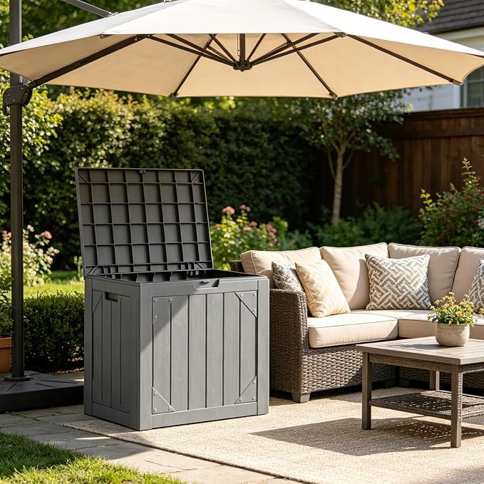 30 Gallon Outdoor Deck Box 4 Pack, Waterproof Resin Patio Storage Boxes with Lockable Lid, Small Outdoor Storage for Cushions, Accessories, Garden Tools, Indoor Outdoor Organizer, Gray