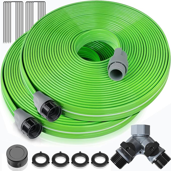 LAVEVE Heavy Duty Sprinkler Soaker Hose 30 FT, Flat Garden Hose with Holes, Efficient Flexible Irrigation Hose for Yard, Lawn and Garden, Includes Stakes (15FT x 2Pack)