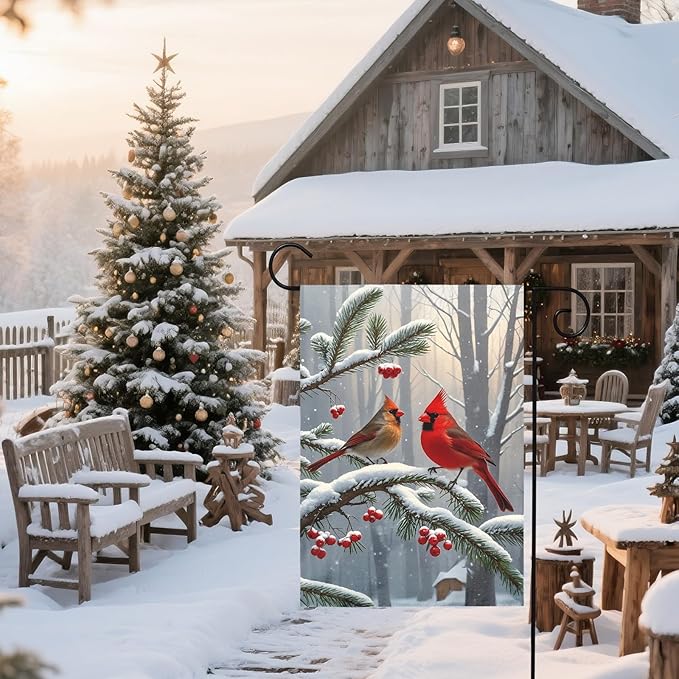 Winter Cardinal Bird Garden Flag 12x18 Inch Red Brown Birds Christmas Holiday Seasonal Theme Decorative Yard Flags for Outside Double Sided Outdoor Home Farmhouse Decoration Porch New Year Decor