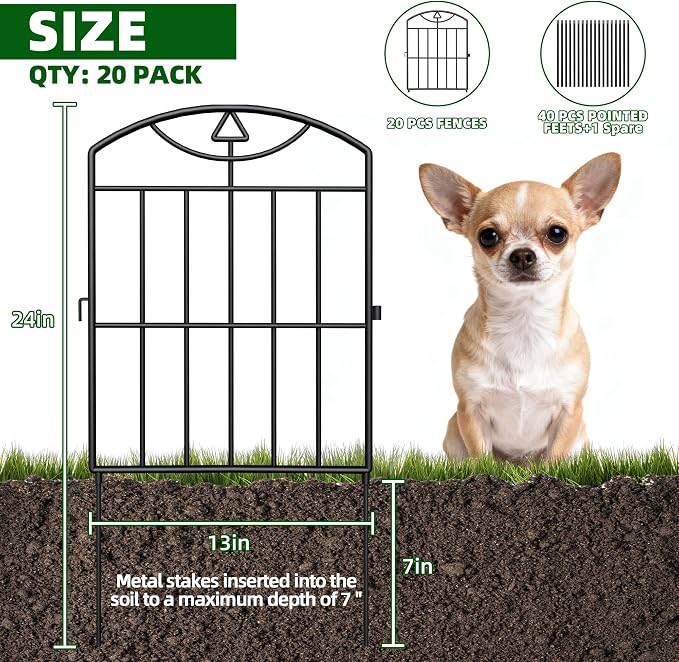 20 Panels Outdoor Decorative Garden Fence, 21 （ft） L x 24 (in) H, Black Rustproof Metal Wire Panel Barrier Fence, Animal Barrier Fence, for Landscaping and Yard Decoration