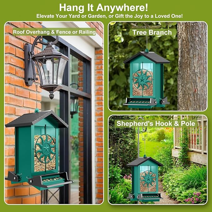 Squirrel Proof Bird Feeders for Outdoors with Weight-Activated, 5LB Large Metal Wild Bird Feeders for Cardinals,Blue Jay,Finch, Weatherproof Durable Hanging Bird Feeder for Backyard,Garden (Green)
