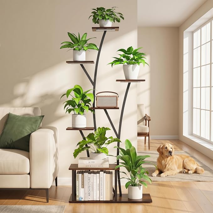 Quikraen 7 Tier Tall Plant Stand with Grow Light For Indoor Plants Growing 60in Indoor Flower Stand Tree-Shaped Plant Shelves for Living Room Patio Black