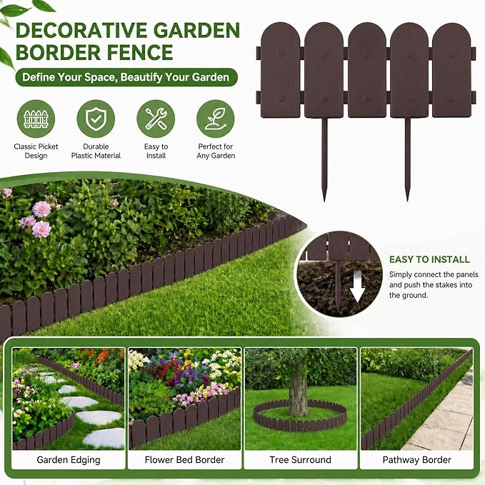 Evelyne Garden Border Plastic Edging: Wooden Fence Design - 16pcs Brown Yard Landscaping Fence Liner Lawn Edge Barrier - 20ft Kit of Decorative Lawn Panels Elements -Landscaping Edging-GMT-10374-A16