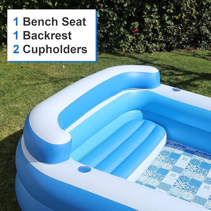 Inflatable Pool w/Bench Seat, 10ft x 6ft, Electric Pump & Ground Tarp Included - Fast Setup and Reinforced Seams
