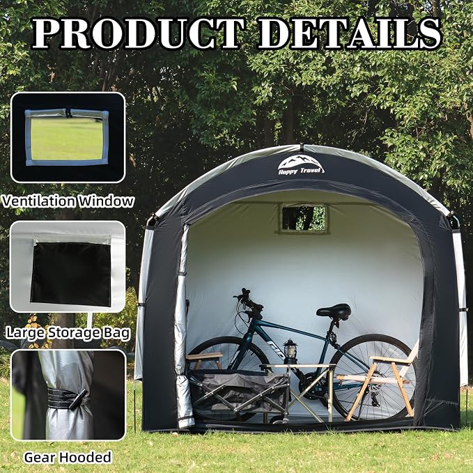 Happy Travel Bike Storage Tent Shed, Outdoor Waterproof Bicycle Covers Shelter with Window for 2/3/4/6/8 Bikes,Oversized Outside Portable Sheds for Lawn Mower,Garden Tools