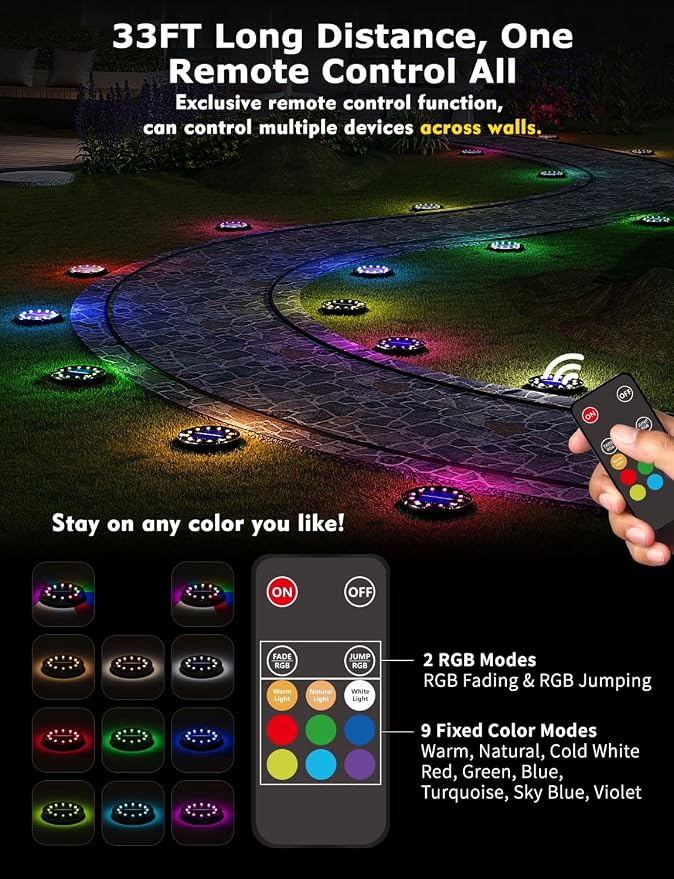 Color Changing Solar Ground Lights with 33ft Long Distance Remote Control - Flat Solar Light Outdoor Waterproof - Pathway Lights Solar Powered for Yard Decorative Outside Lawn Walkway [16 Pack]