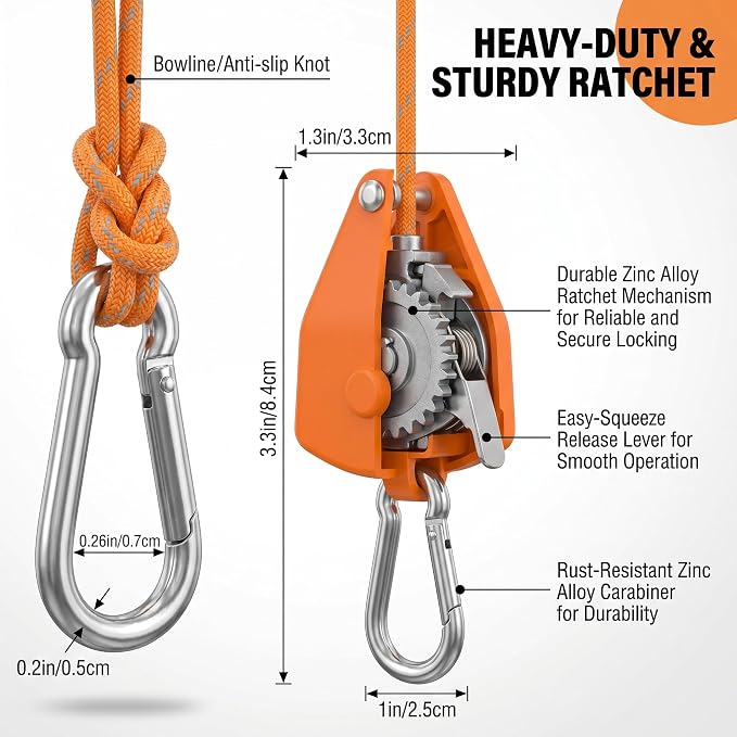 6-Pack Long 14ft Retractable Rope Paracord Ratchetable Strap,Heavy Duty Adjustable Pulley Tie Down for Kayak Storage,Outdoor Plant Hanging,Tent Tie Downs,Cargo Securing with Carabiner Hooks（Orange）