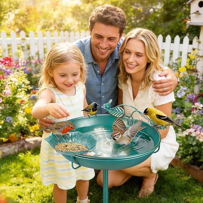Mellbree Bird Bath for Outside, 12" Dia 39" H Lake Blue with Gold Gilding Metal birdbath for Outdoors, Freestanding with Perch & Feeder Bowl, Multi-Functional for Garden Patio Yard Lawn Outdoor Decor