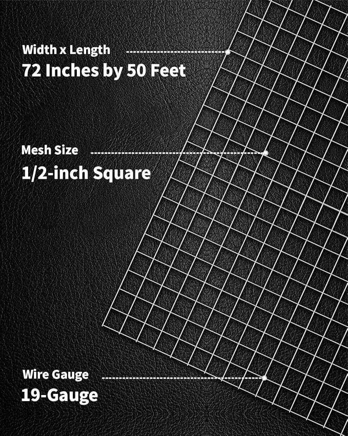 Hardware Cloth 1/2 inch Mesh 72'' x 50' 19-Gauge, Hot-Dip Galvanized After Welding, Welded Wire Mesh Roll Chicken Wire Fencing Cage Wire Rodent Wire Hardware Mesh