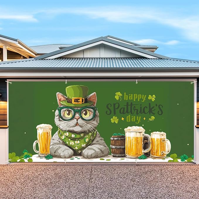 7 * 16FT Summer Garage Door Cover Decorations Sunset Palm Trees Garage Door Banner for Outdoor Indoor Summer Party Photography Backdrop (St. Patrick's Day, 6 * 13 ft)