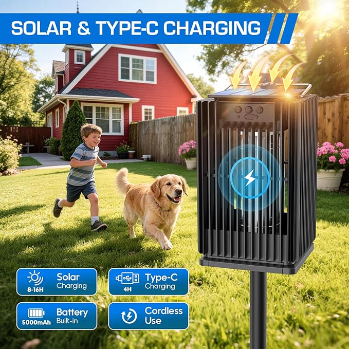 Solar Bug Zapper Outdoor, Waterproof Mosquito Zapper Type-C & Solar Powered, Auto On/Off, Cordless 4200V Electric Fly Zapper, 5000mAh Rechargeable Mosquito Trap Killer for Patio Backyard Camping