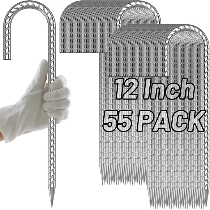 AAGUT Rebar Stakes 12 Inch J Hook Heavy Duty 55 Pack, 5/16 Inch Galvanized Metal Steel Ground Anchors Chain Link Fence Stakes for Camping Tent, Inflatables, Yard Decorations, Canopies & Swing Sets
