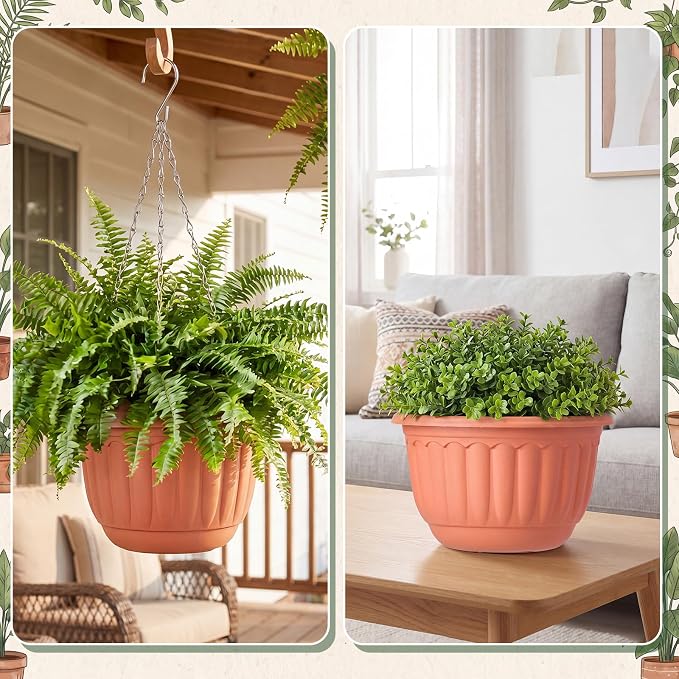 12 Sets Hanging Planters for Indoor and Outdoor Plants Self Watering Hanging Basket Flower Pots Plastic Plant Pots with Drainage Hole and Absorbing Tray(Terracotta,8 Inch)