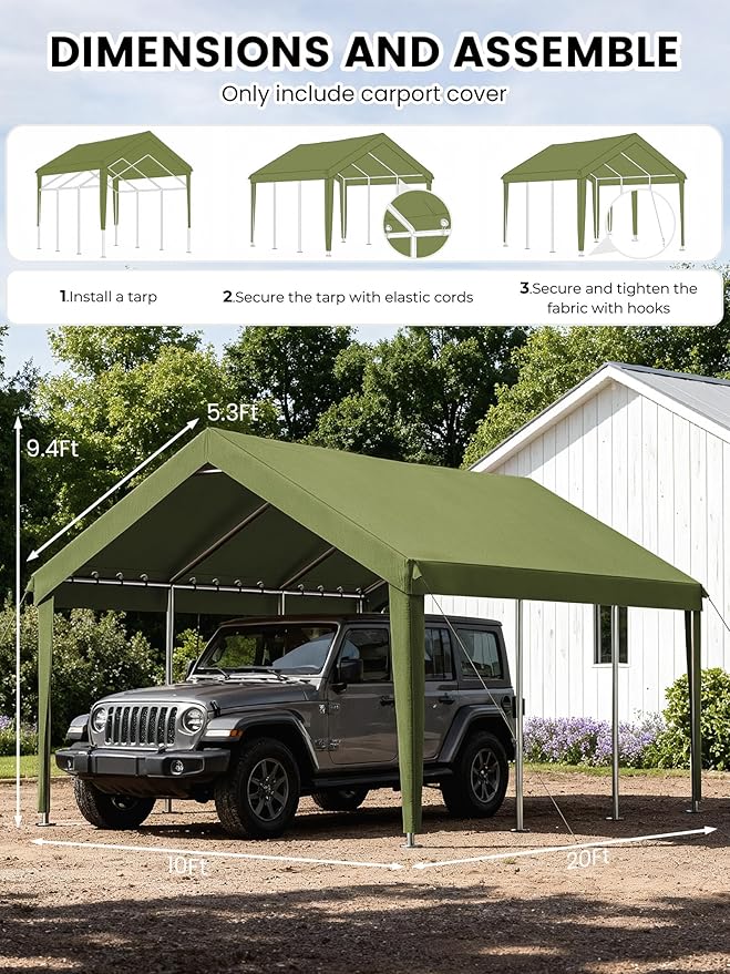 10 x 20 Ft Carport Replacement Cover, Heavy Duty Outdoor Car Tarp Canopy, Waterproof & UV Protected Tear Oxford Tarp with Ball Bungees (Frame is Not Included)