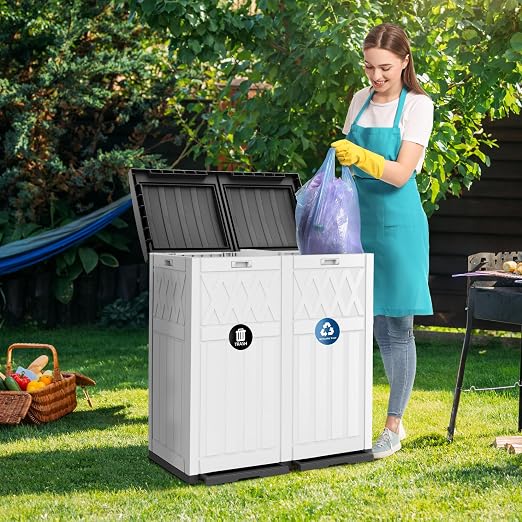 DWVO 76 Gallon Garbage Dual Can, Resin Outdoor Trash Can with Tiered Lid and Drip Tray, Waterproof Trash Bin for Patio,Kitchen,Backyard(Grayish-White)