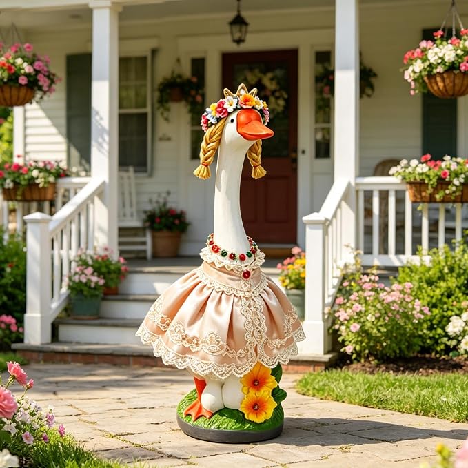GasSaf 23 Inch Porch Goose Outdoor Garden Statue, Large Porch Goose for Garden Yard Patio Balcony Decor, Heavy-Duty & Independent Standing, Big Resin White Cygnus Sculpture, Father Gift