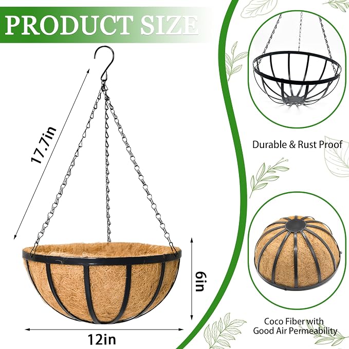 Hanging Planters for Outdoor Plants 4 Pack 12 inch Metal Hanging Flower Basket with Coco Coir Liner Wire Plant Holder Watering Flower Baskets Pot Hanger Garden Decoration for Indoor Outdoor(DQL)