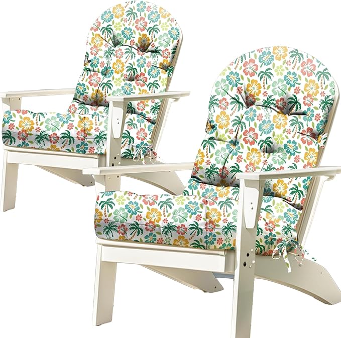2 Pack Adirondack Chair Cushion Waterproof Indoor Outdoor Rocking Chair Cushion 44 Inches Patio High Back Chair Cushions Thickened Adirondack Rocking Chair Cushions with Ties, Green Coconut Tree