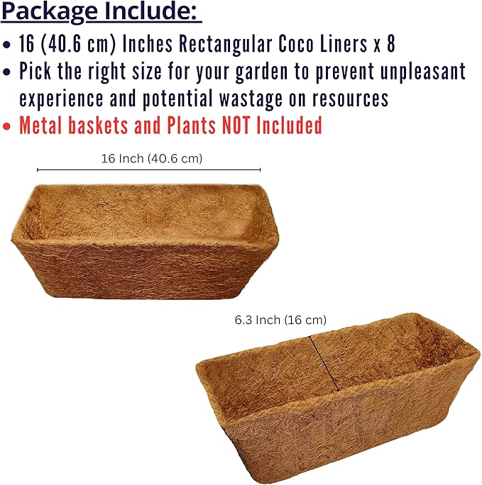 LaLaGreen 16" (8 Pack, Rectangular) Trough Coco Liners for Planter – Medium Coconut Coir Replacement for Window Box, Wall Mount Flower Pot, Outdoor Use– Also Available in 24/30’’ and Different Shapes