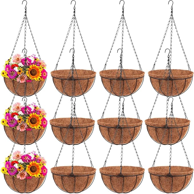 Dandat 12 Pack Hanging Planter Basket Outdoor Large Hanging Flower Pots Indoor 14 inch with Coco Coir Liner Round Wire Plant Holder Chain Basket Garden for Home Decor Balcony Office