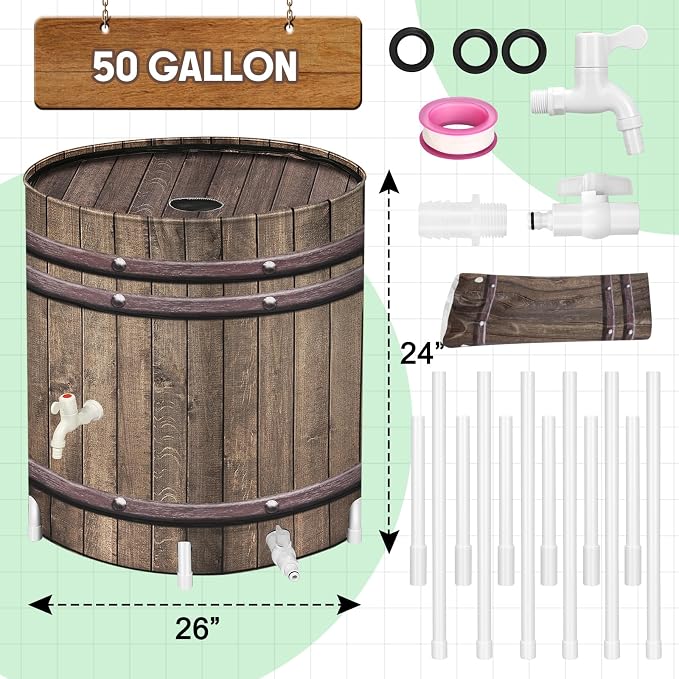 PAETAE Collapsible Rain Barrels, 50 Gallon Rain Water Collection Barrel, Rain Catcher Barrels to Collect Rainwater from Gutter, Leak-Proof Design, Woodgrain