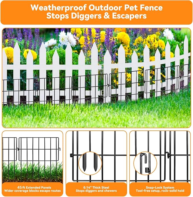 45 Pack Animal Barrier Fence, 45ft(L) x 13in(H) No Dig Fence for Dogs, 1.2in Gaps Anti Digging Fence for Dogs, Rustproof Metal Garden Fence Animal Barrier for Flower Beds & Patio