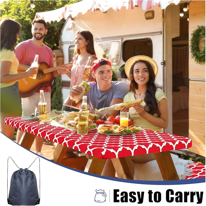 Smiry Picnic Table Cover with Bench Covers, Waterproof Elastic Fitted Tablecloth for 5 Foot Tables, Washable Polyester Tablecloths for Camping, Indoor & Outdoor (Red, 30x60 Inch 3-pc Set)