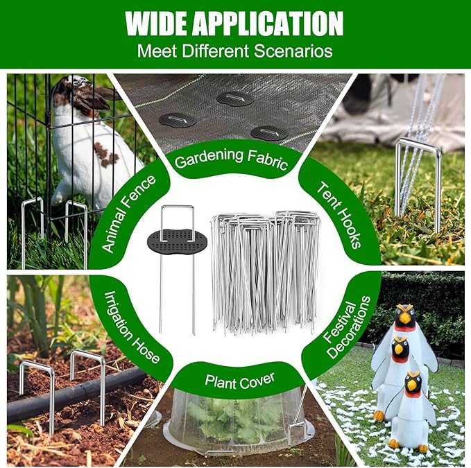 Ground Staples with Rubber Hammer,Pick Hook and Gloves,6Inch 100pcs Galvanized Garden Pegs+ 100pcs Gaskets,Anti-Rust,U-Shaped Lawn Spikes,Landscaping Fabric Pins for Weed Barrier,Yard Grass Cover