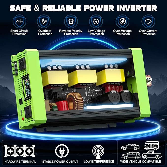 Vansdon 1500W Pure Sine Wave Inverter 12V DC to 120V AC Power Inverters for RV,Truck, Vehicles, Solar, Off-Grid, Car Power Inverter with LCD Display, 2 AC Outlet, 30W USB-C, 5V 2.1A USB, Surge 3000W